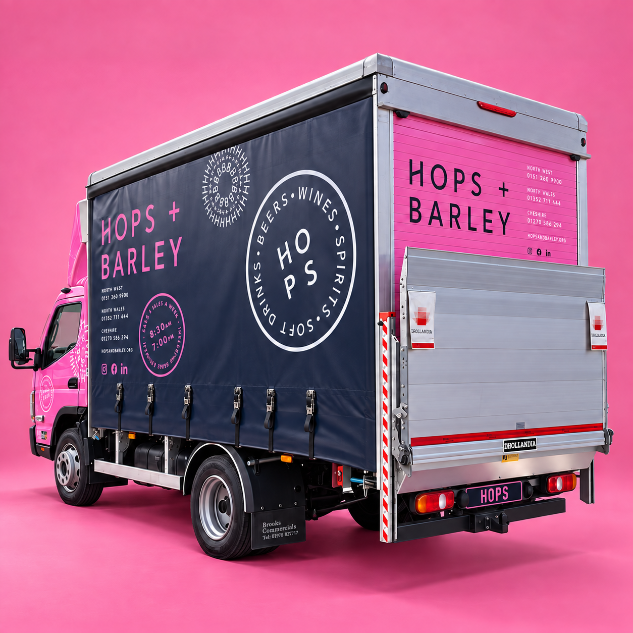 Hops + Barley pink and navy delivery truck